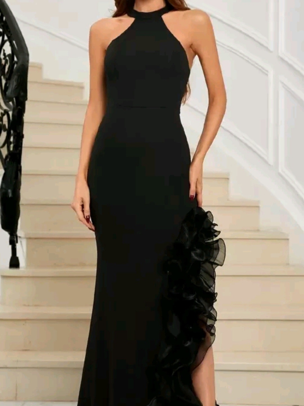 Elegant Halter Black Ruffle Evening Dress